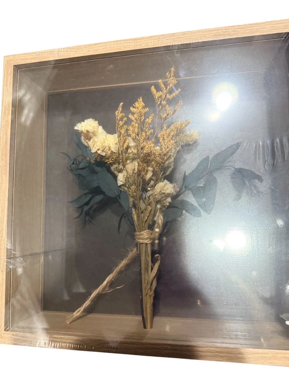 Framed Dried Flower Shadow Box - Natural Wood with Cream, Pink & Teal Flowers